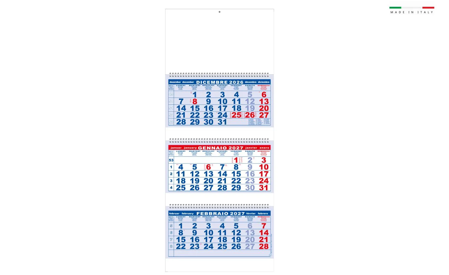 Calendario Trittico12 Fogli 3 Blocchi Spiralati 33X80