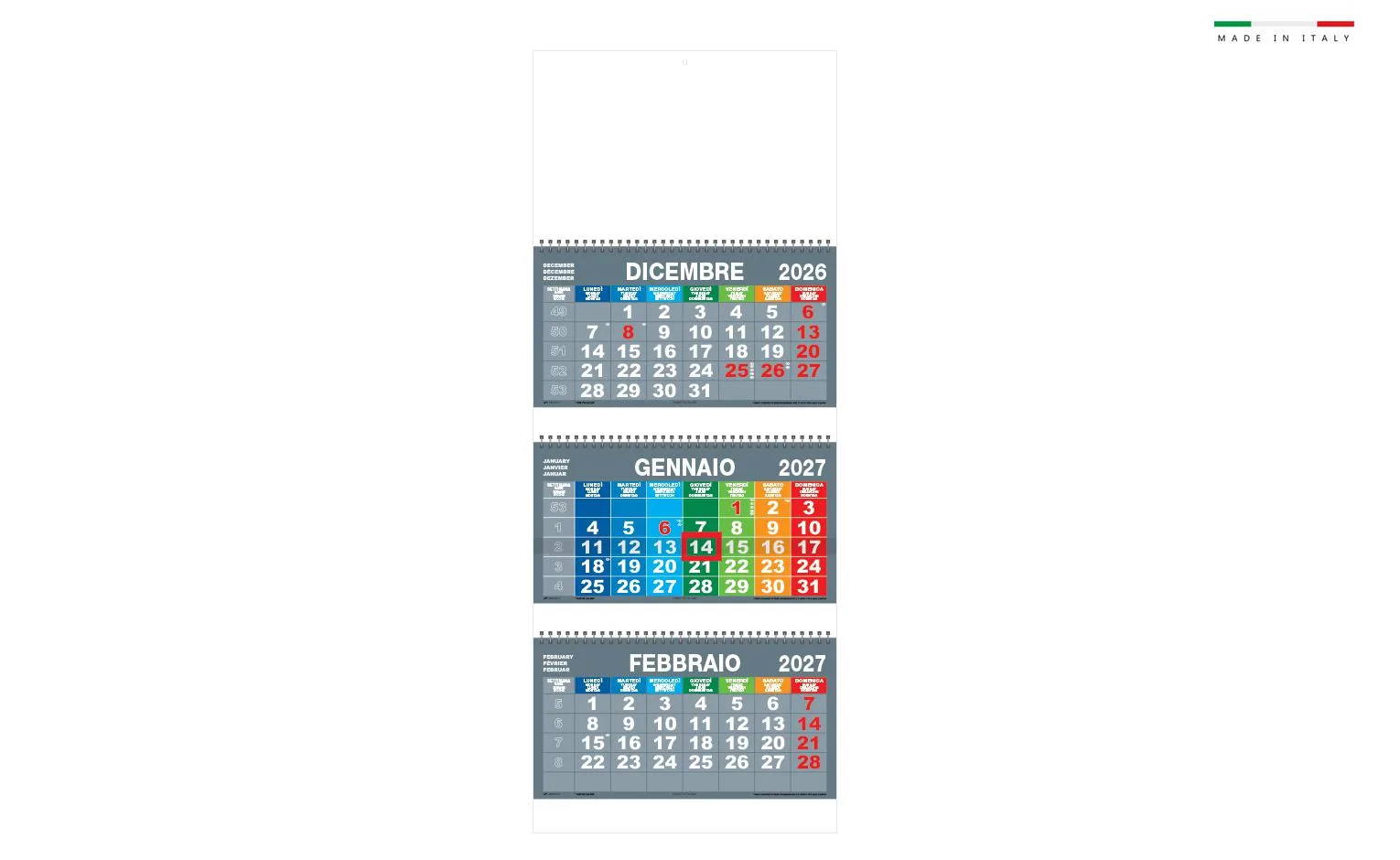 Calendario Tritticomulticolor 3 Blocchi Spiralati 31X79,5