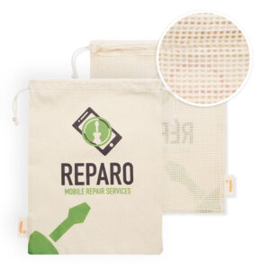 Shopper in cotone con rete su 1 lato (30x35cm). Certificato per contatto alimentare.