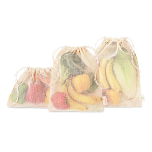 Set 3 shopper in rete di cotone su un lato. Certicazione contatto con il cibo.