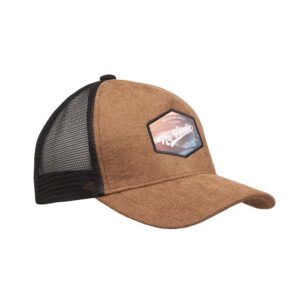 Cappellino trucker a 5 pannelli in velluto a coste, di alto profilo.