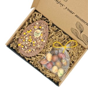 Uovo di Pasqua XL di cioccolato belga con confezione regalo di uova di Pasqua colorate