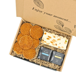 Confezione regalo di waffle allo sciroppo olandese con torrone e tè Zen.