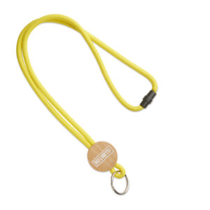 Lanyard in lanyard di poliestere con placca in bambù di forma rotonda stampata o incisa.