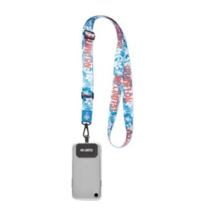 Porta cellulare a tracolla regolabile sublimato con toppa con logo in PVC di design.