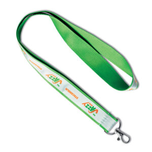 Lanyard in poliestere con sovrastampa in raso serigrafato.