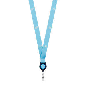 Lanyard serigrafato in poliestere con avvolgitore per badge rotondo.