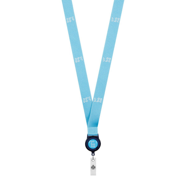 Lanyard serigrafato in poliestere con avvolgitore per badge rotondo.