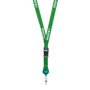 Lanyard removibile in RPET serigrafato per l’avvolgimento del badge.