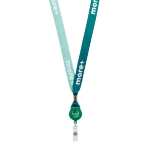 Lanyard a bobina per badge a sublimazione in RPET con chiusura in metallo.