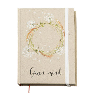 Notebook A5 con copertina rigida in carta erba con fogli stampati con il tuo disegno.