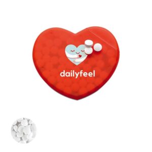 Dispenser a forma di cuore con mentine senza zucchero.