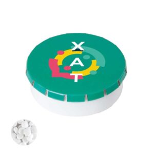 Contenitore di plastica e coperchio di latta con mentine senza zucchero