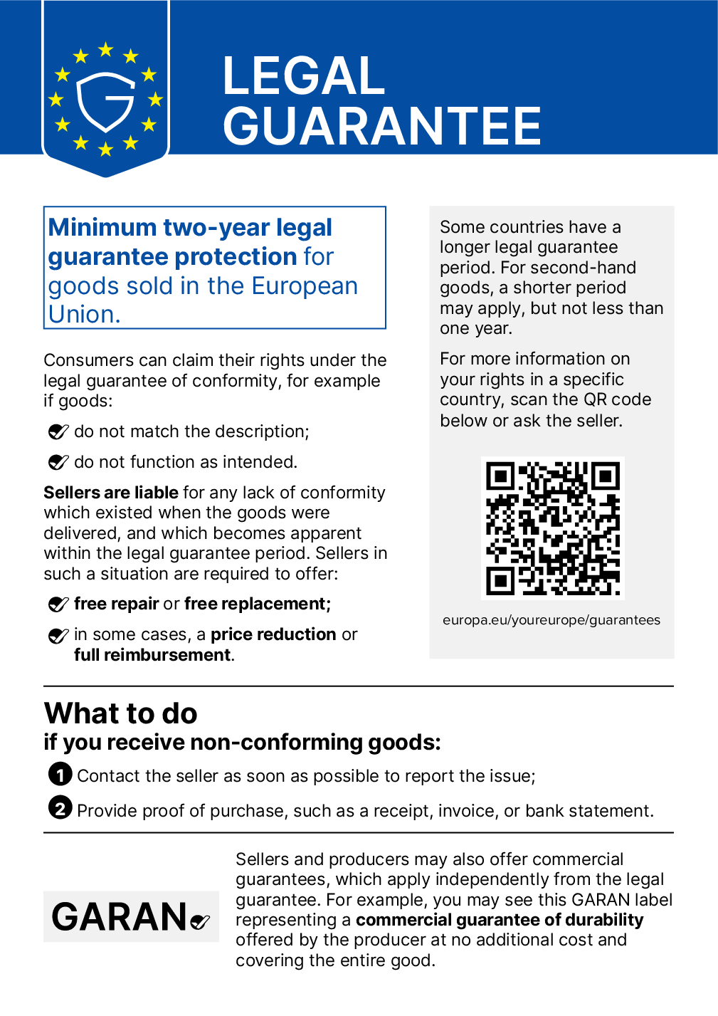 EU harmonised notice on the legal guarantee of conformity