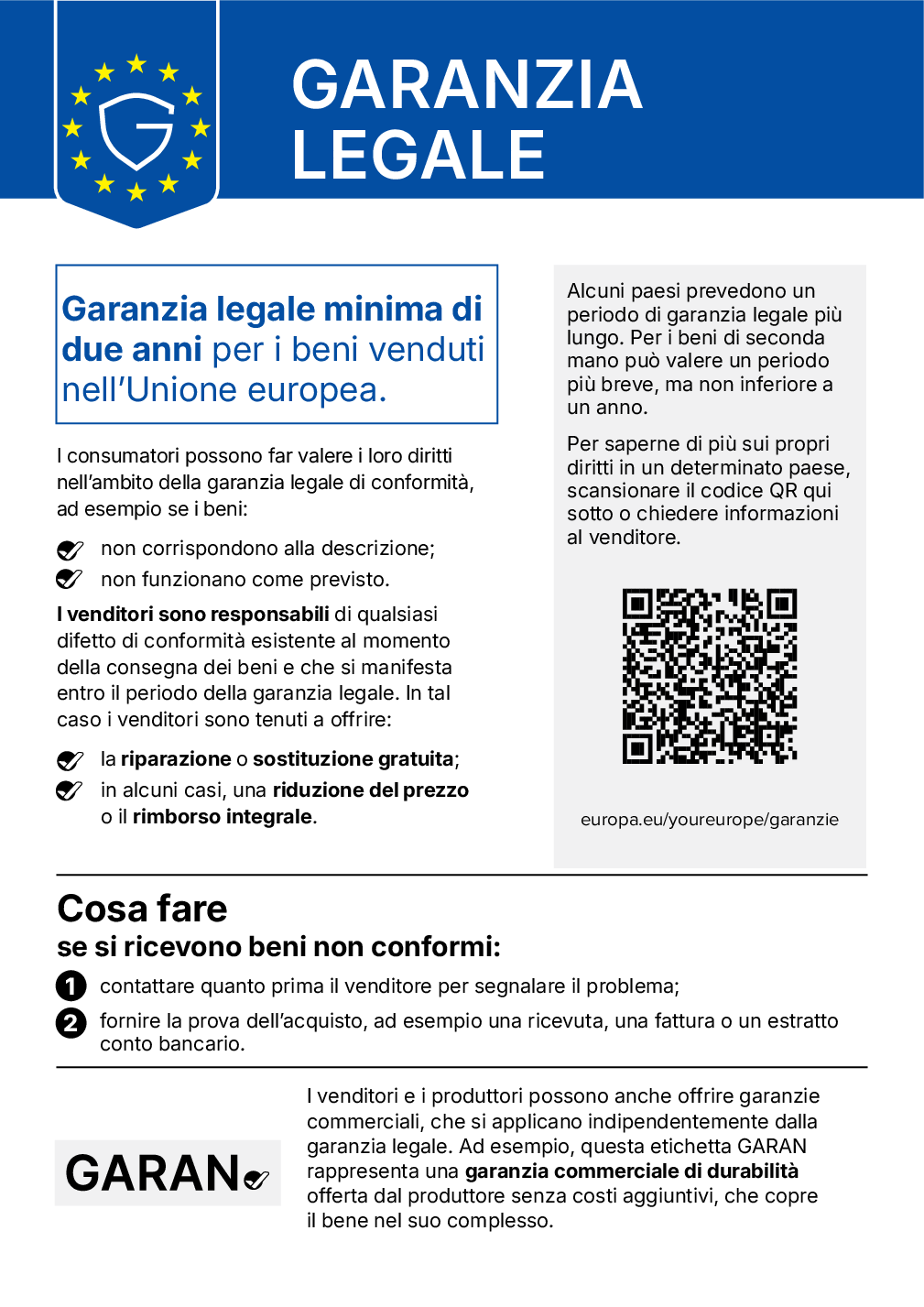 Avviso armonizzato UE sulla garanzia legale di conformità